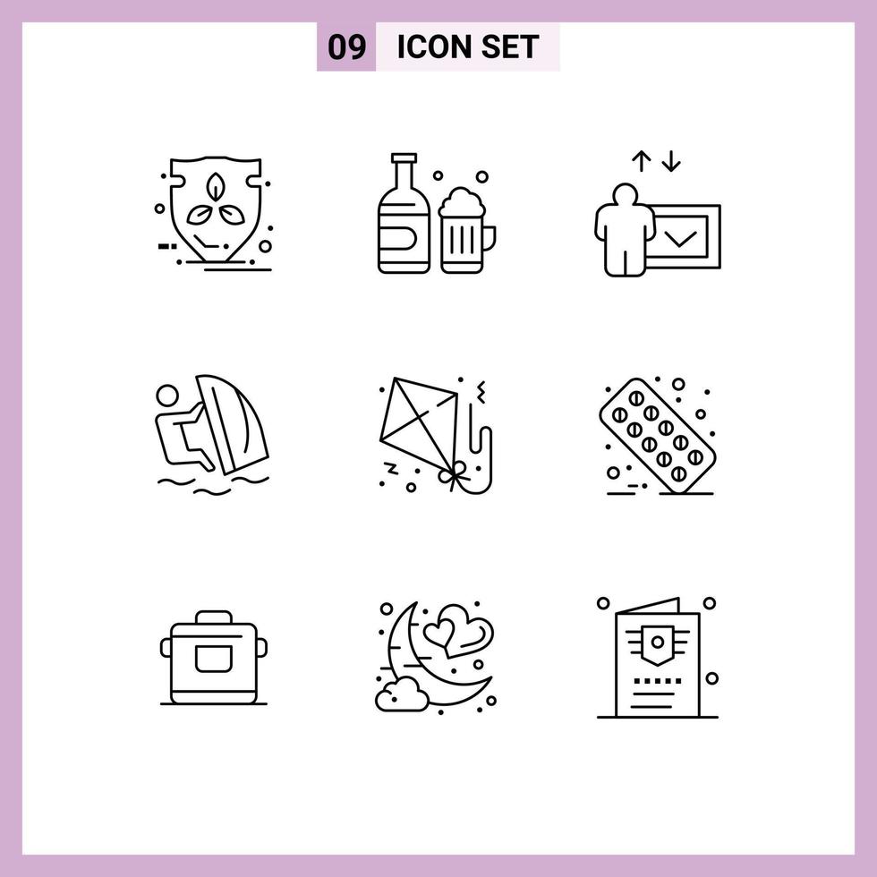 Modern Set of 9 Outlines Pictograph of flying sport education wind surfing Editable Vector Design Elements