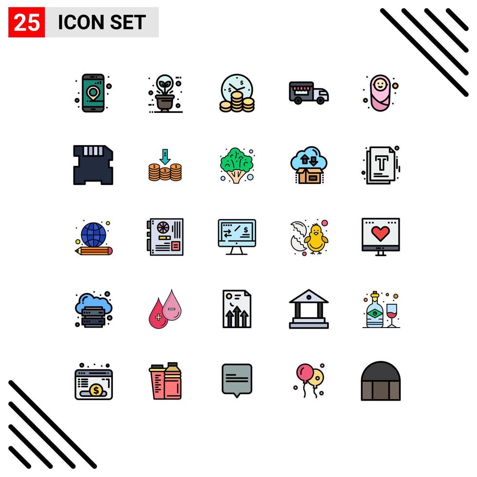 25 Universal Filled line Flat Colors Set for Web and Mobile Applications child van light shop on wheels time Editable Vector Design Elements