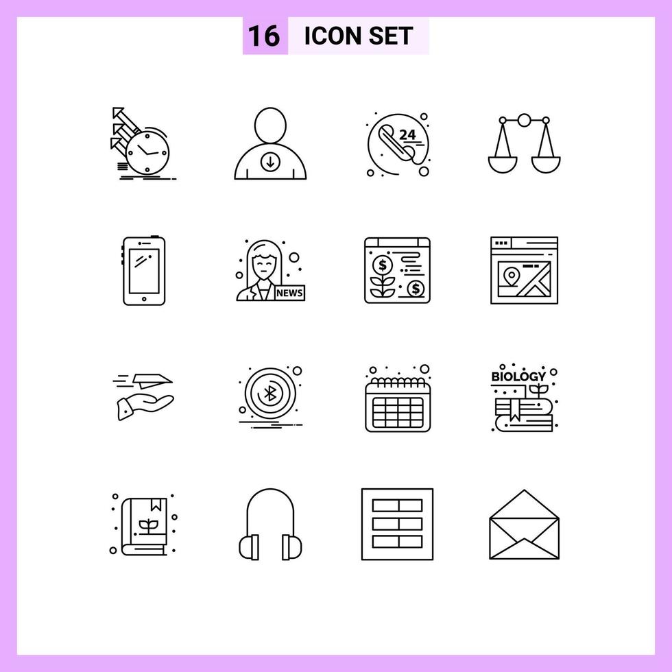 Editable Vector Line Pack of 16 Simple Outlines of mobile phone anytime scales balance Editable Vector Design Elements
