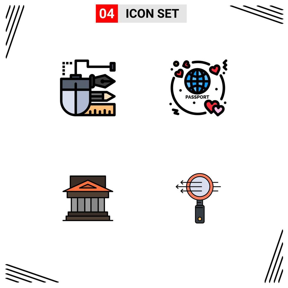 Mobile Interface Filledline Flat Color Set of 4 Pictograms of mouse bank pencil passport building Editable Vector Design Elements