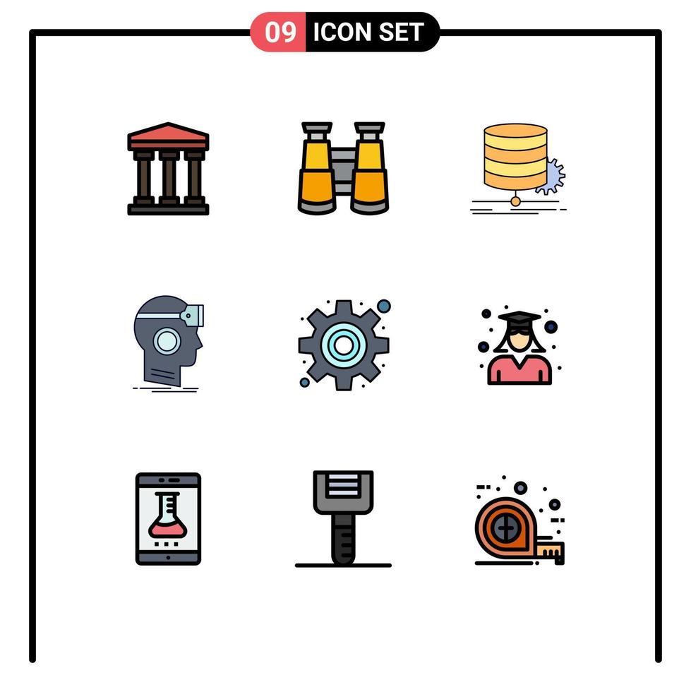 Pack of 9 Modern Filledline Flat Colors Signs and Symbols for Web Print Media such as gear virtual data reality googles Editable Vector Design Elements
