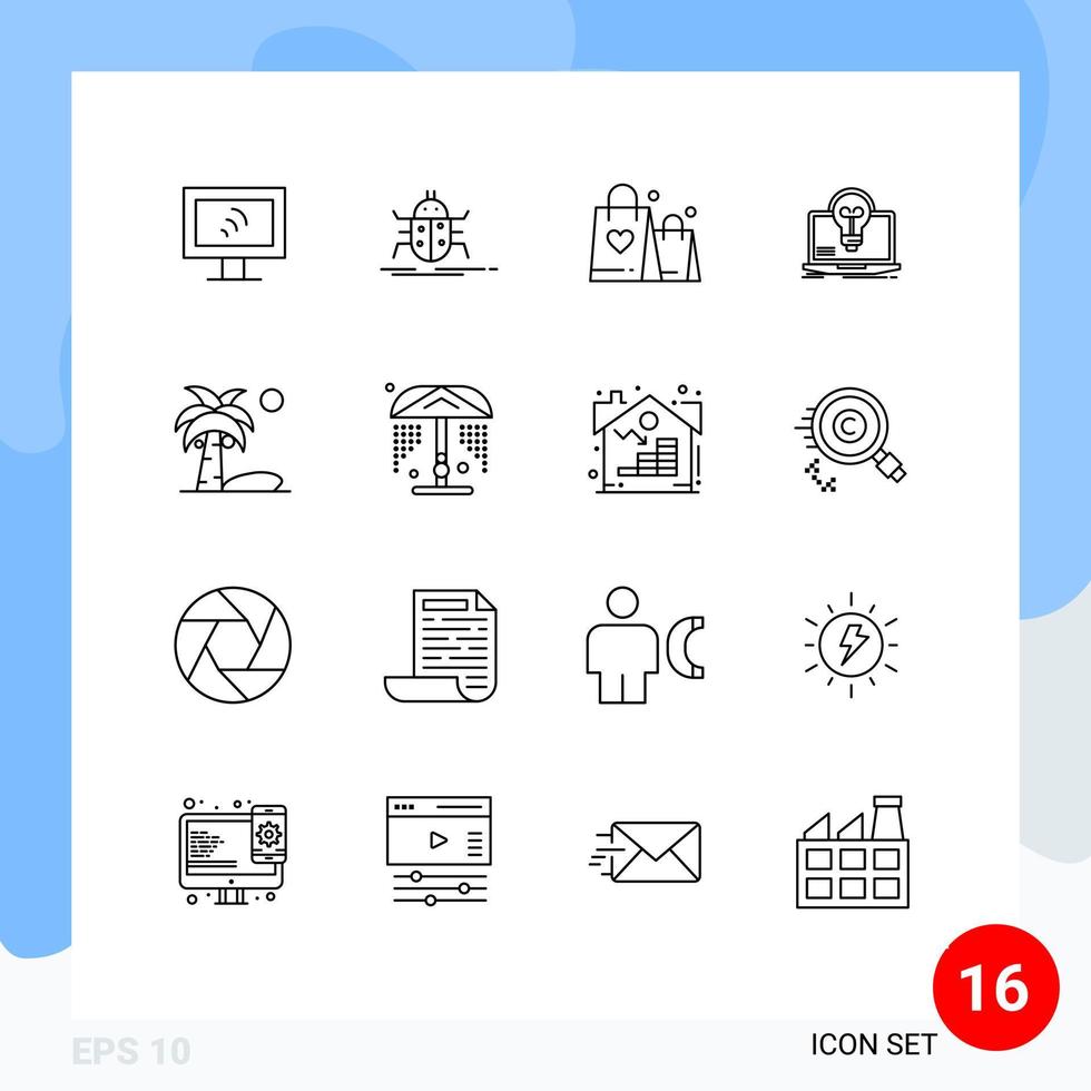 Universal Icon Symbols Group of 16 Modern Outlines of beach screen handbag laptop bulb Editable Vector Design Elements