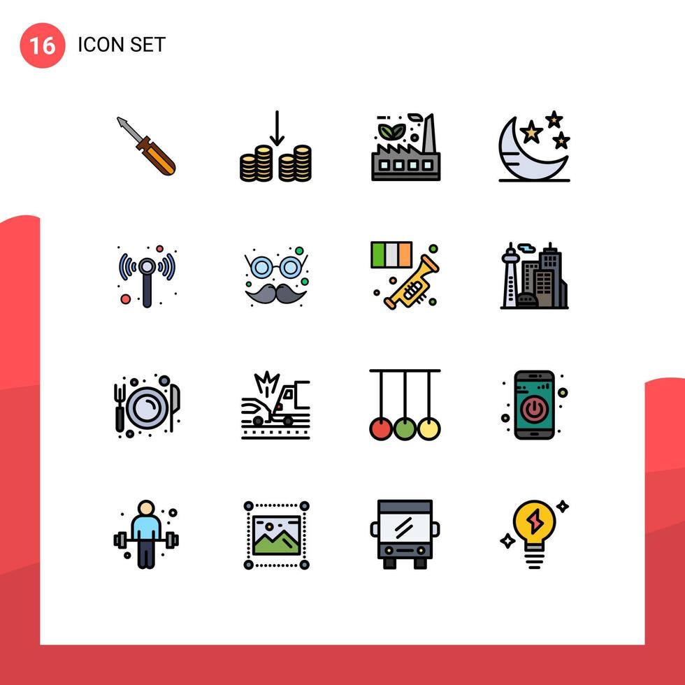 interfaz móvil conjunto de líneas rellenas de color plano de 16 pictogramas de tecnología hoja de sueño noche elementos de diseño de vectores creativos editables sostenibles