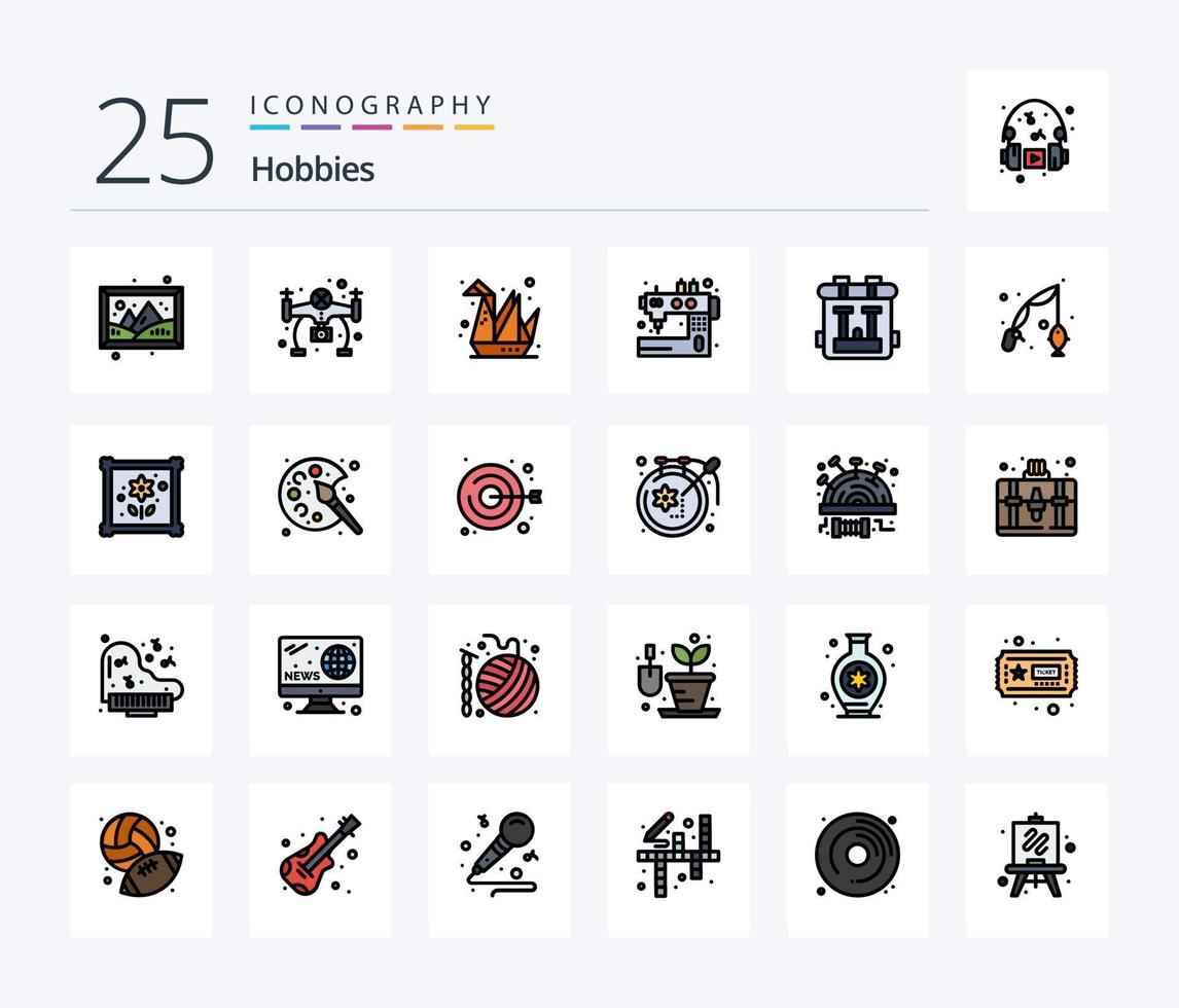 Hobbies 25 Line Filled icon pack including bag. tailoring. hobbies. sewing. machine vector