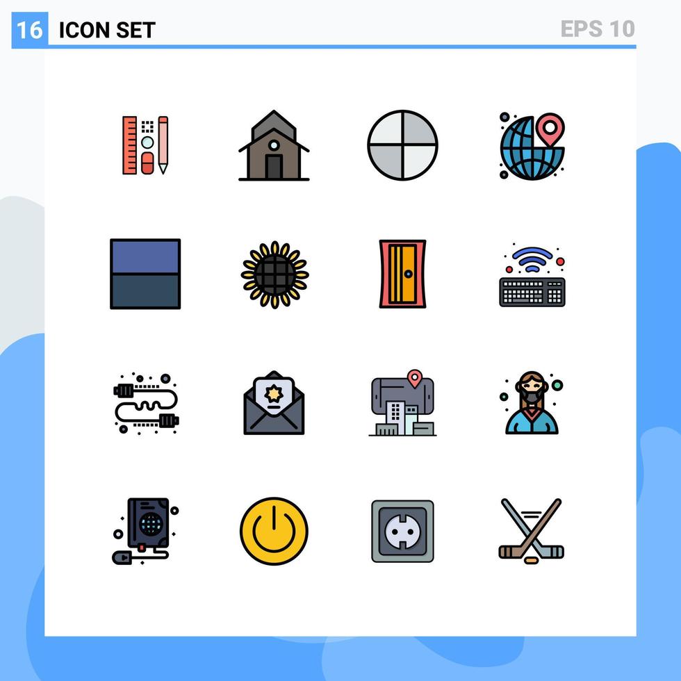 16 símbolos universales de líneas rellenas de color plano de la cuadrícula, el pasador de la torre alrededor de elementos de diseño de vectores creativos editables