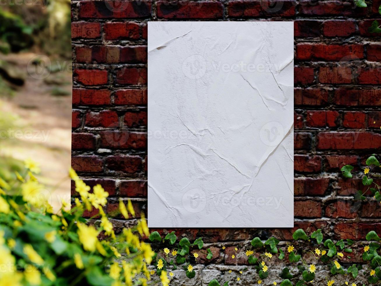 Blank poster glued on brick wall at far side near forest and flower garden for mock up, 3d render photo