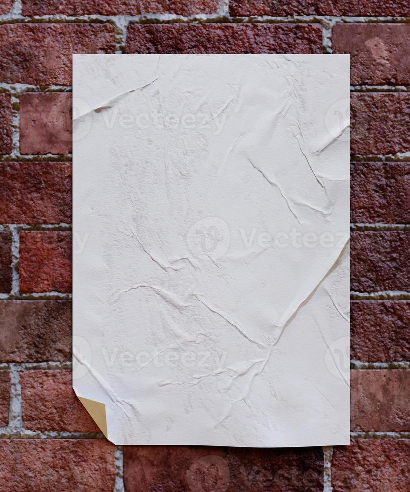 Blank poster glued on brick wall in close up for mock up, 3d render photo