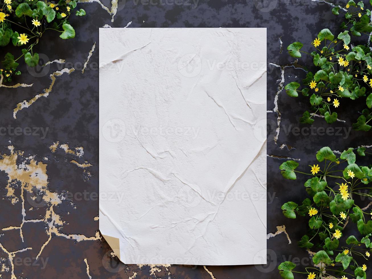 Blank poster glued on cracked black wall near vines for mock up, 3d render photo