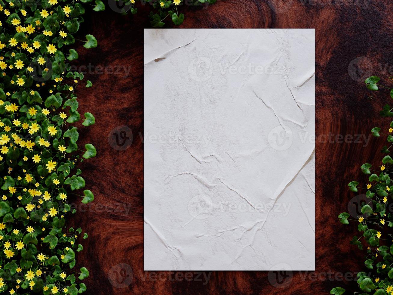 Blank poster glued on wooden wall near vine flowers for mock up, 3d render photo