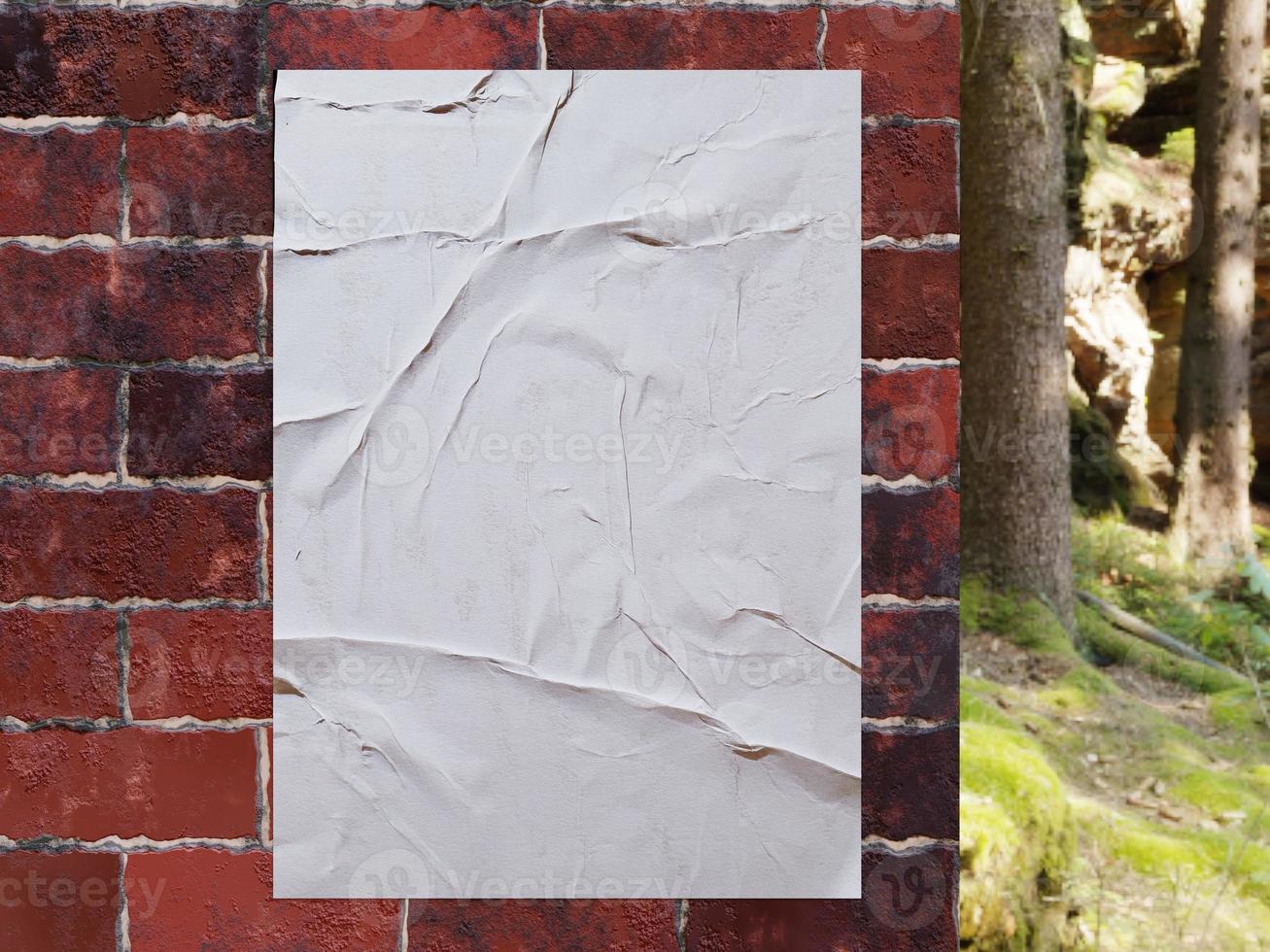 Blank poster glued on brick wall at far side near forest for mock up, 3d render photo