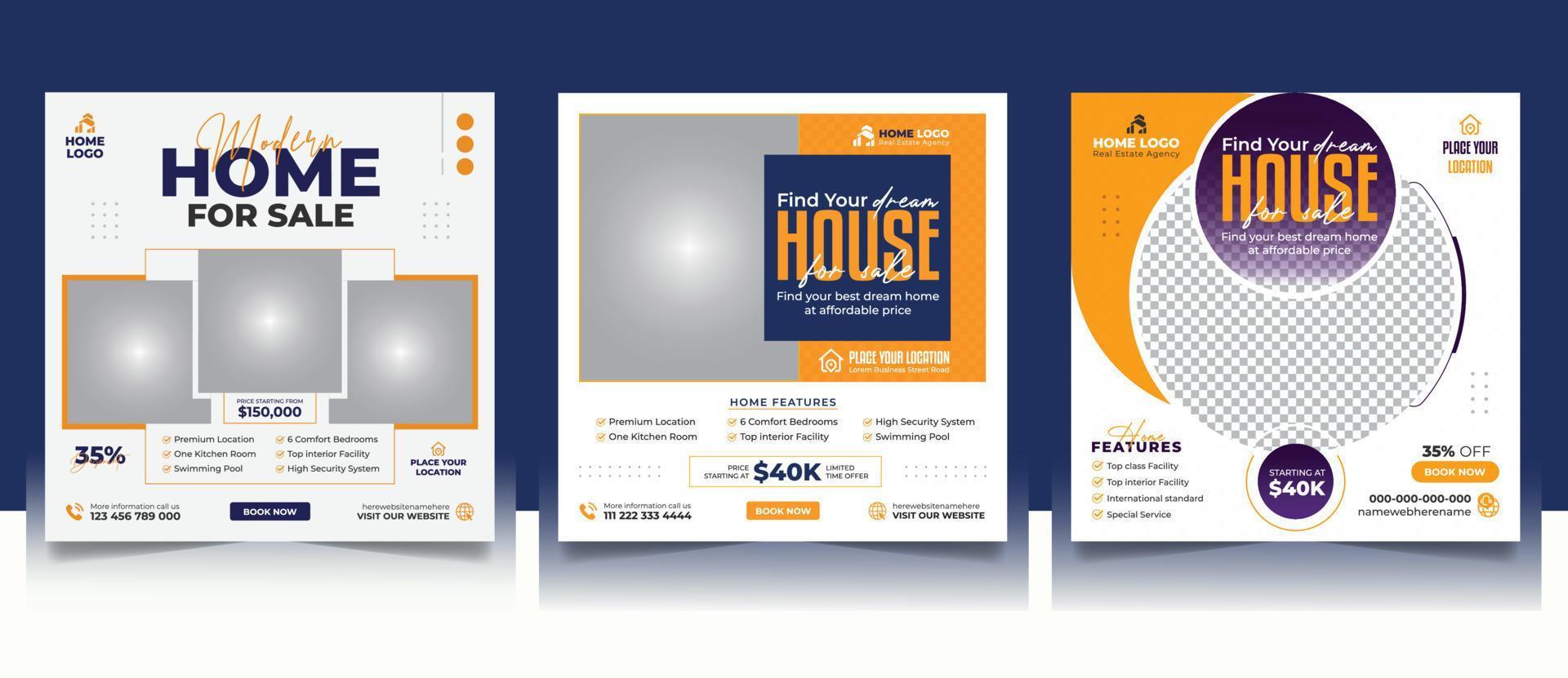 Real Estate Social Media Post Template, Corporate Elegant Home Sale Social Media Banner, Property Social Media Promotion Square Flyer Web Template Set. vector