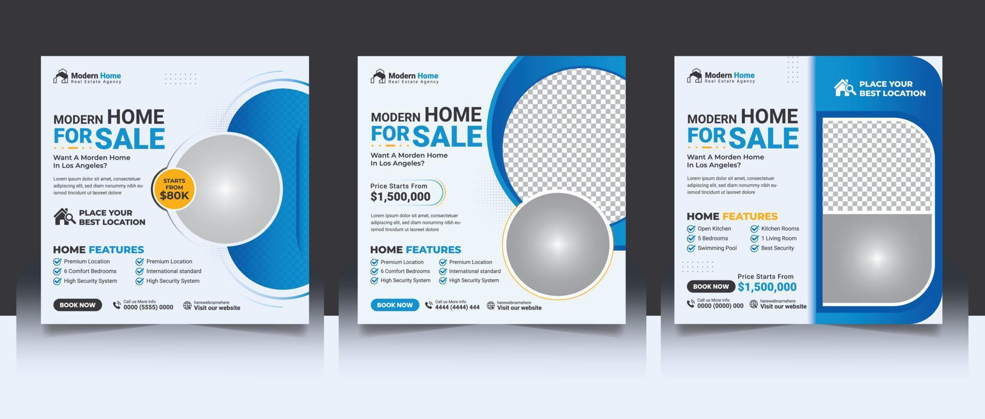 Real Estate Social Media Post Template, Corporate Elegant Home Sale Social Media Banner, Property Social Media Promotion Square Flyer Web Template Set. vector