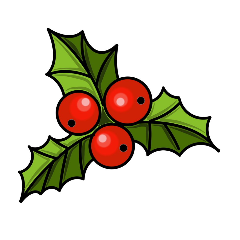 Holly leaves are green with red berries. PNG illustration with transparent background.