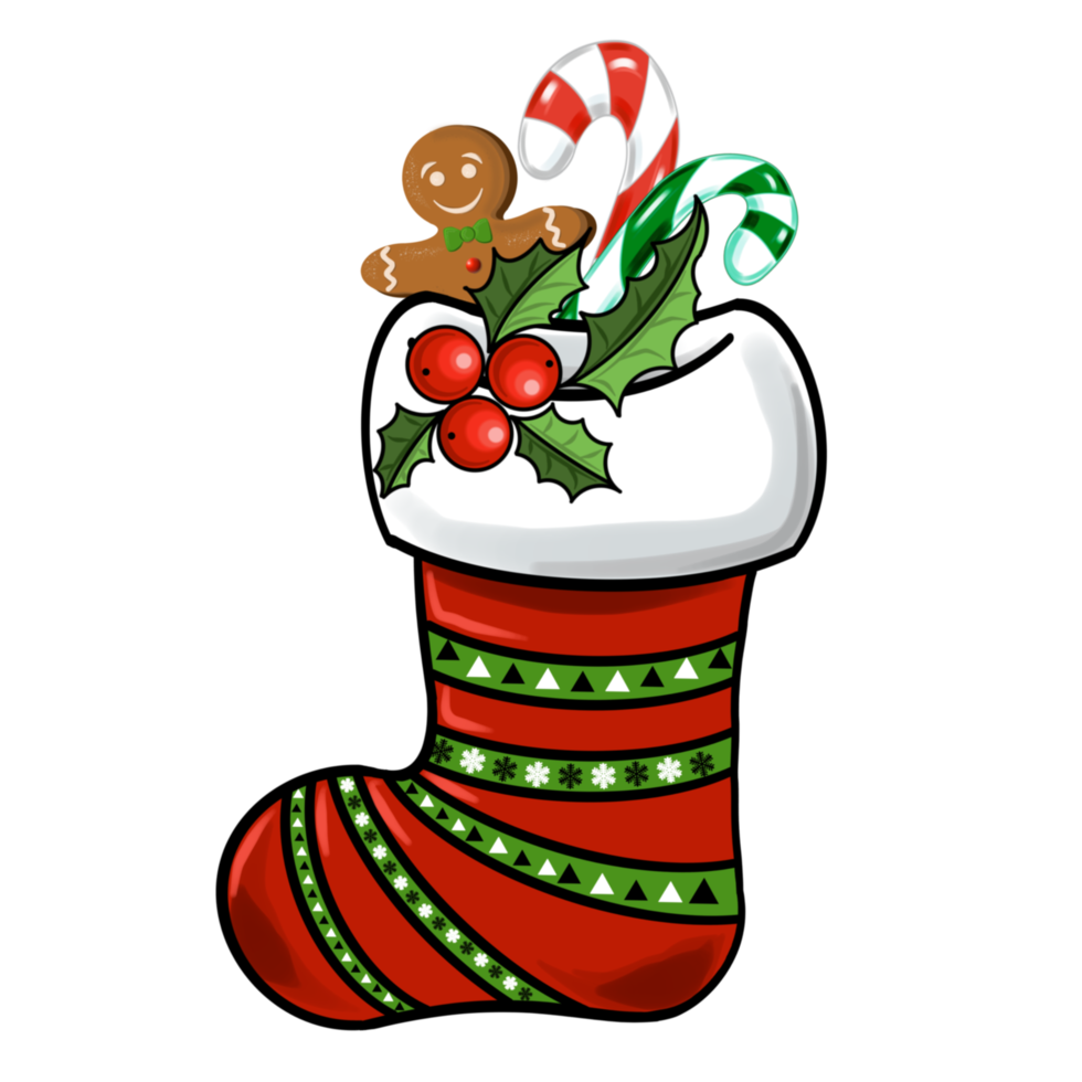 Christmas sock with gifts.  PNG illustration with transparent background.