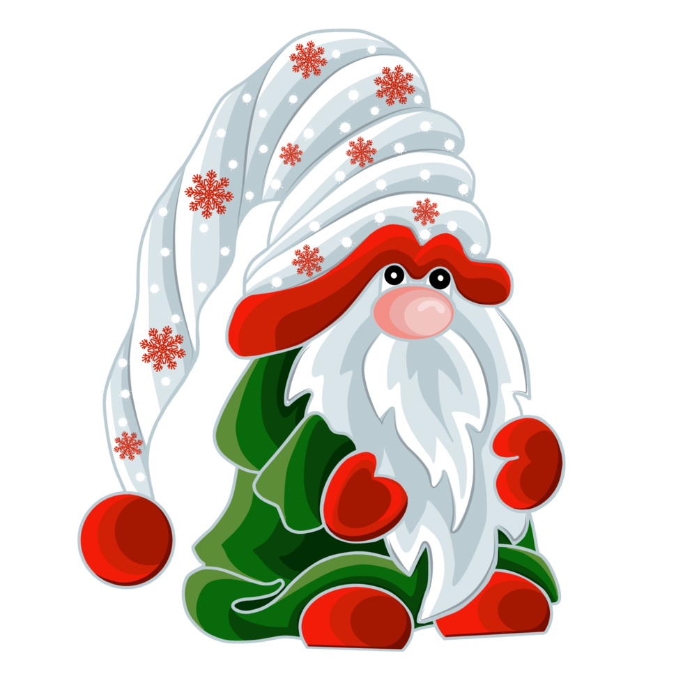 Cute cartoon winter gnome in a  cap with a pattern of snowflakes. png