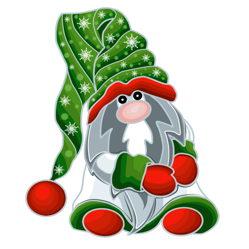 Cute cartoon winter gnome in a  cap with a pattern of snowflakes. png