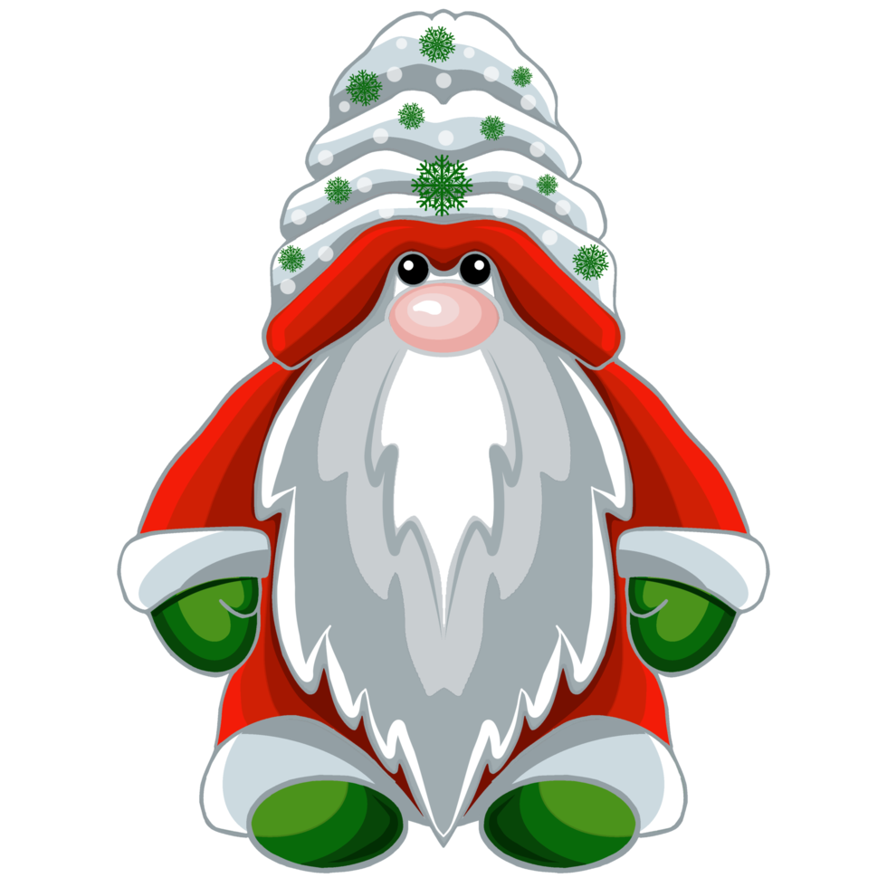 Cute cartoon winter gnome in a  cap with a pattern of snowflakes. png