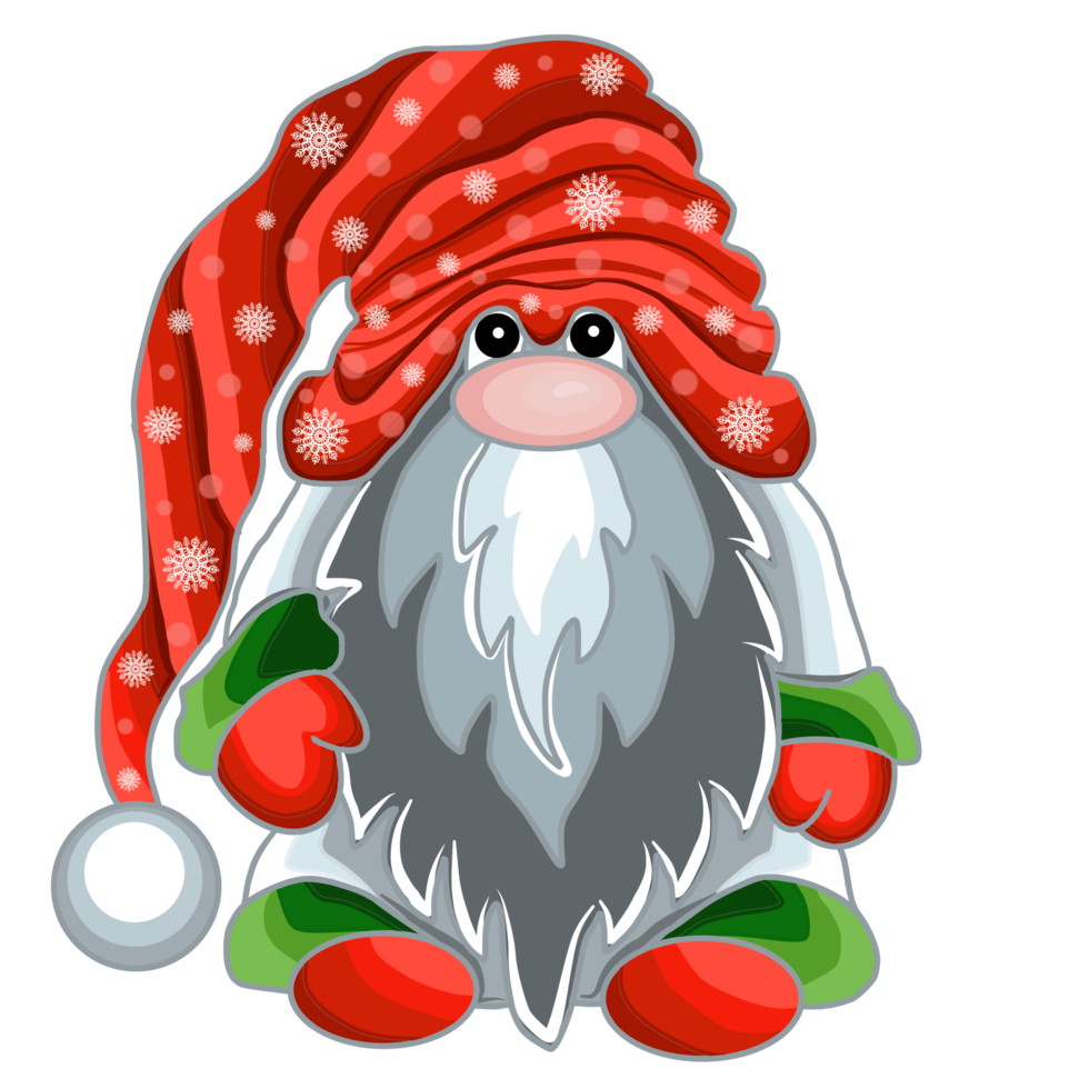 Cute cartoon winter gnome in a  cap with a pattern of snowflakes. png