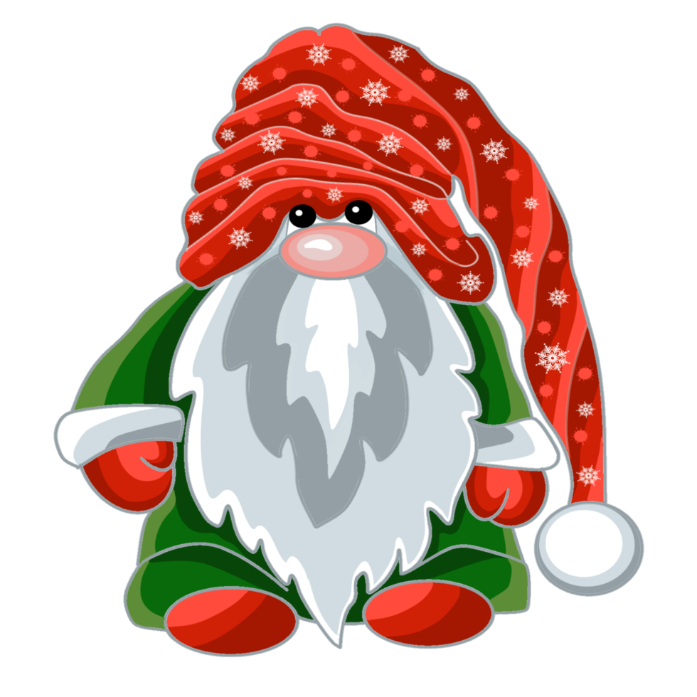 Cute cartoon winter gnome in a  cap with a pattern of snowflakes. png