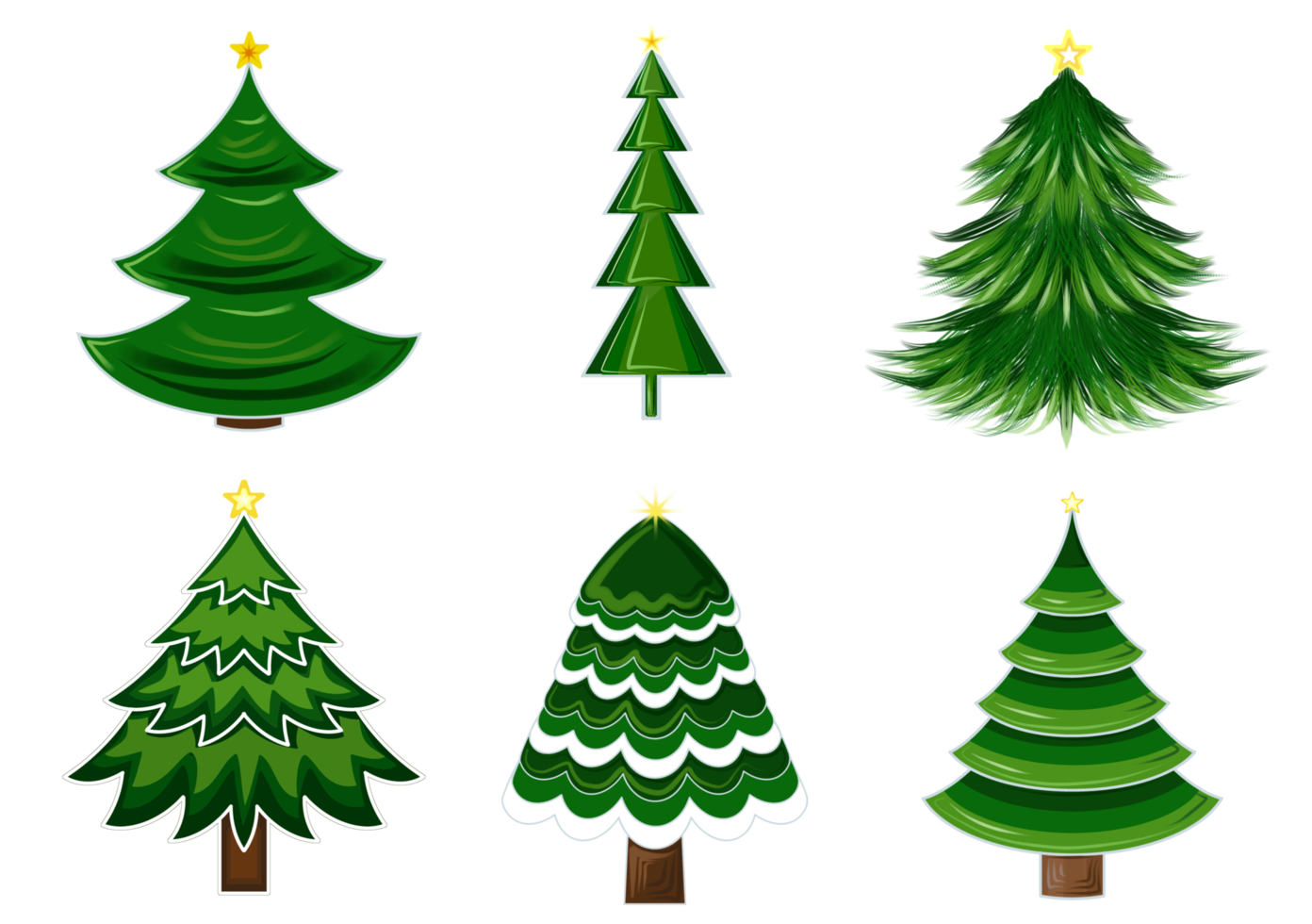 Set of green Christmas tree with yellow star.  PNG illustration with transparent background.