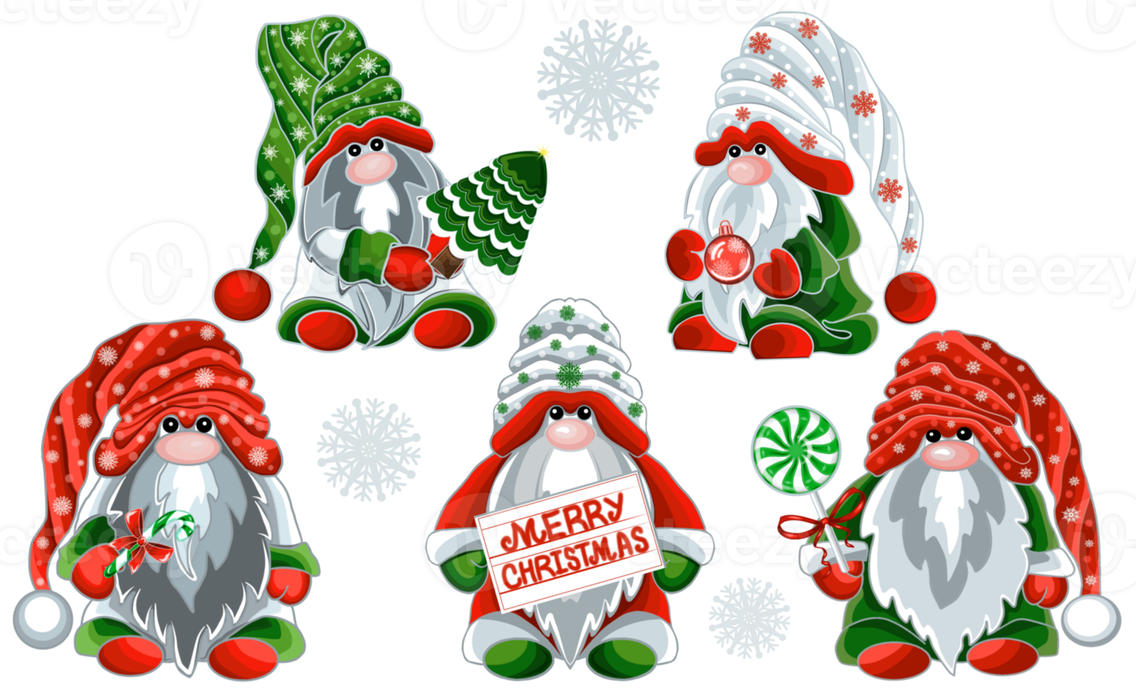 Cute cartoon winter gnomes and snowflakes. PNG illustration with transparent background.