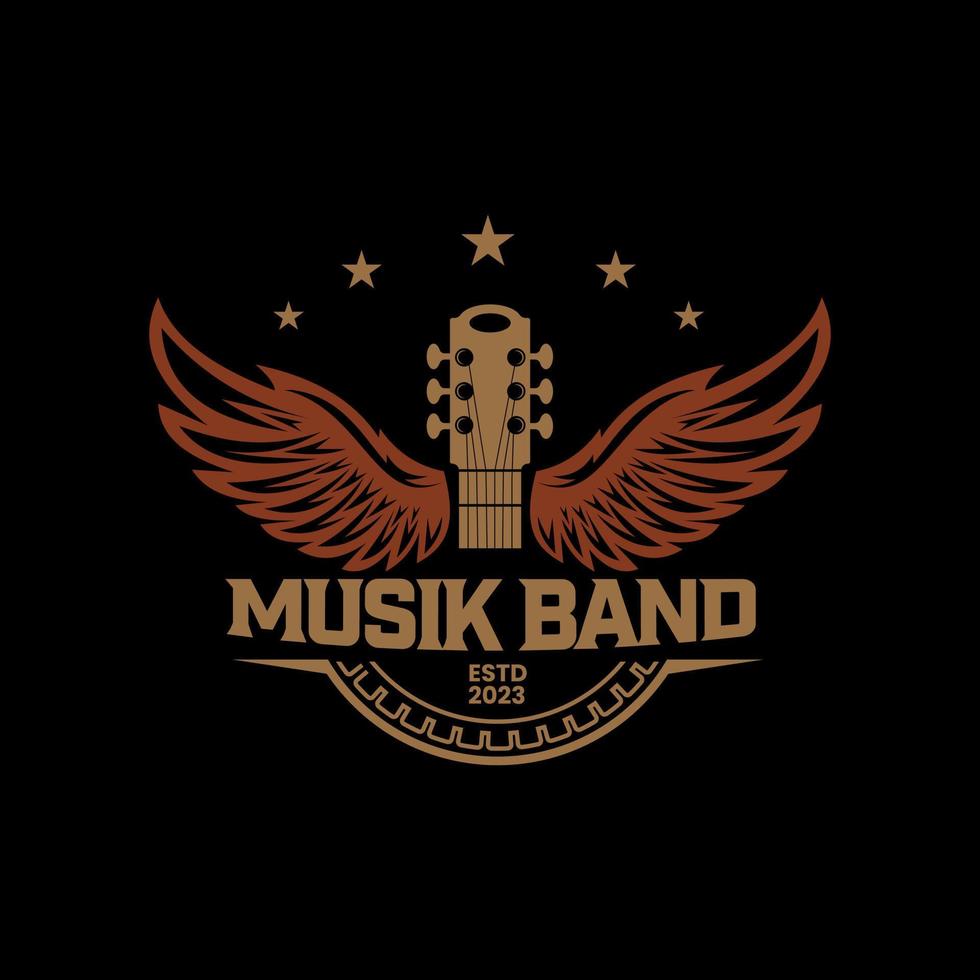 Vintage Retro Guitar Wings Music Logo Design Vector. Acoustic guitar logo.Star symbol Music shop vintage style template design elements. dark background vector