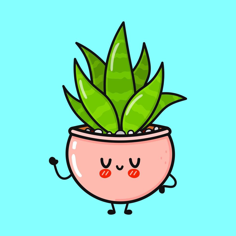 linda y divertida planta de interior saludando con la mano. icono de ilustración de personaje kawaii de dibujos animados dibujados a mano vectorial. aislado sobre fondo azul. concepto de carácter de planta de interior vector