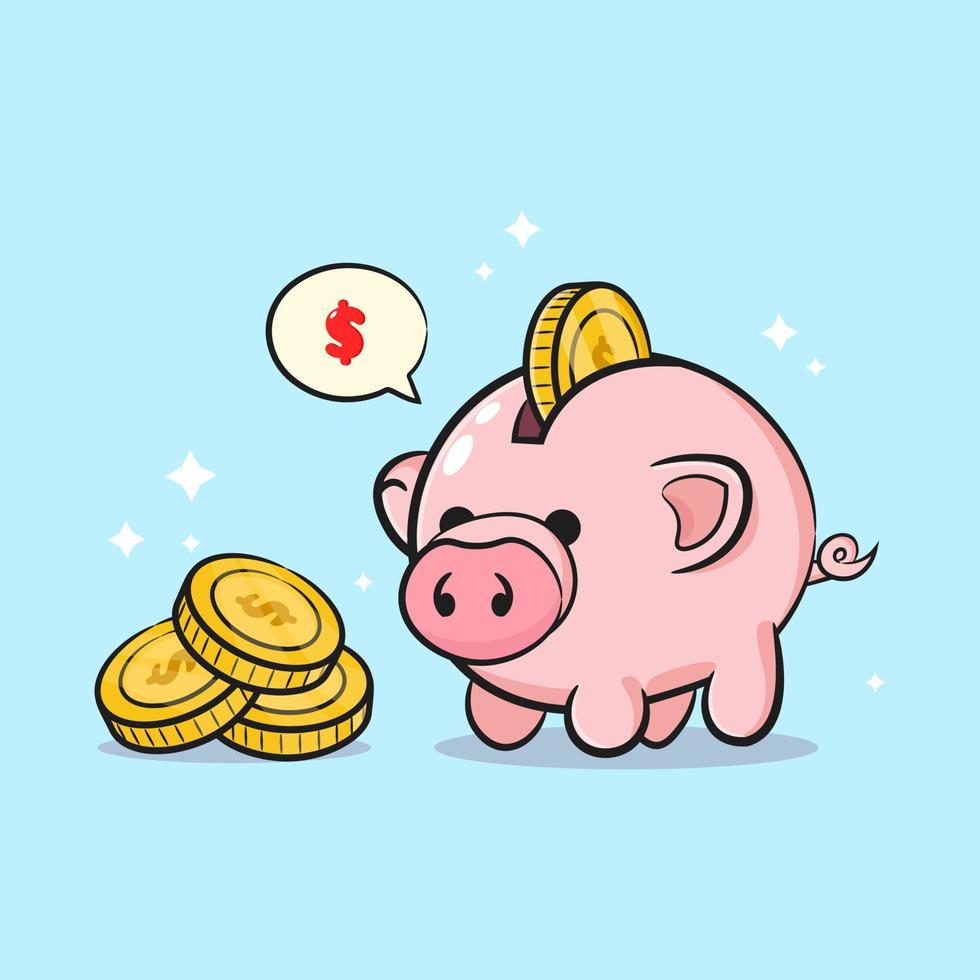 Cute pig, money box, money and stack of coins, saving money, business icon isolated on blue background vector
