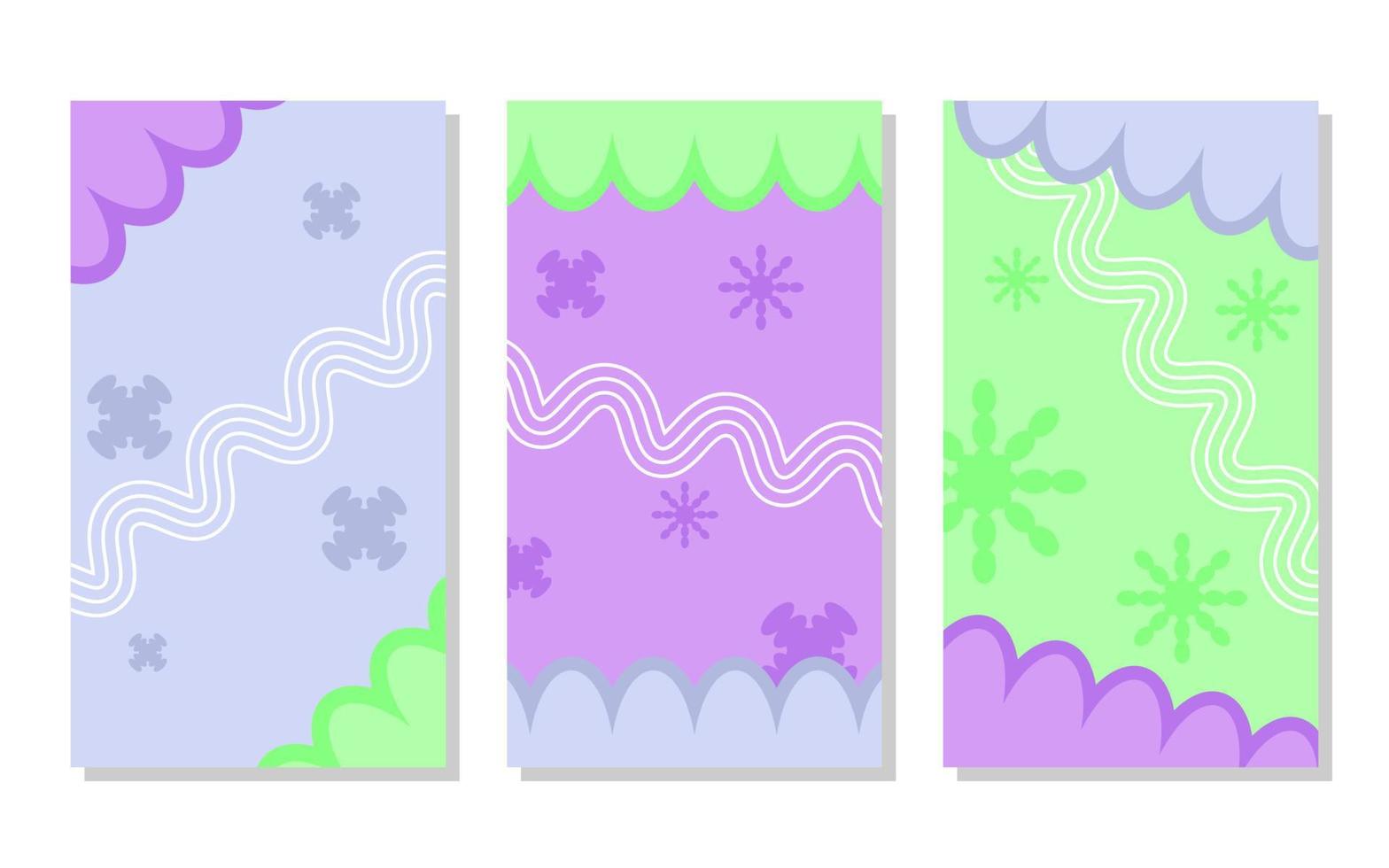 set of purple, soft blue and green abstract portrait background with flowers and wavy lines. simple, flat and colorful. used for wallpaper, backdrop,  copy space and poster vector
