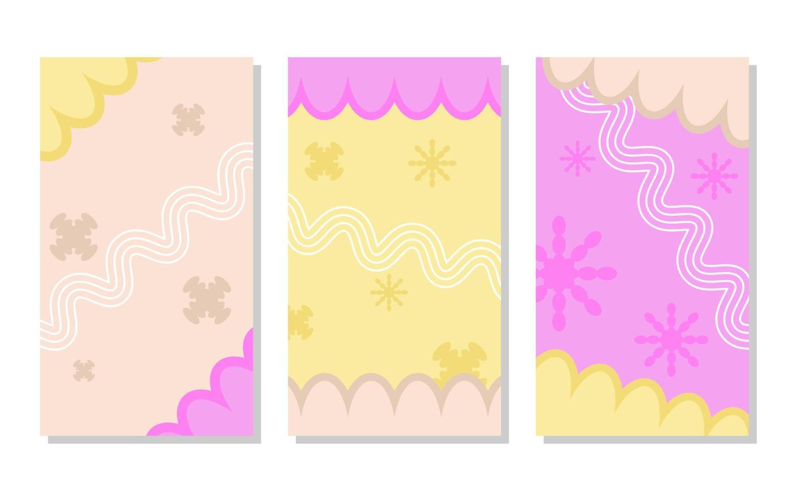 set of orange, soft pink and pink abstract portrait background with flowers and wavy lines. simple, flat and colorful. used for wallpaper, backdrop,  copy space and poster vector