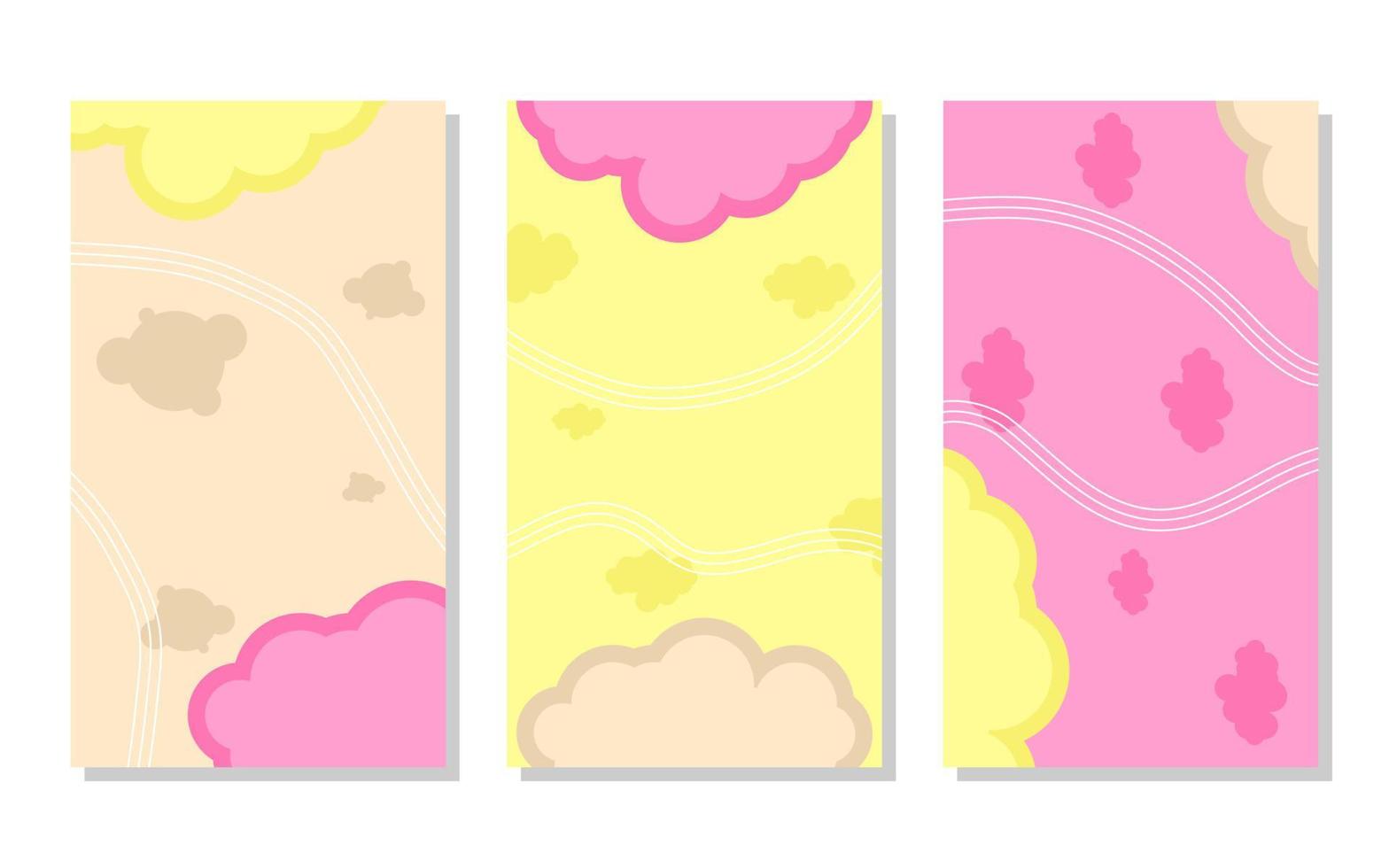 set of yellow, orange and pink abstract portrait background with cloud shapes and wave lines. simple, flat and colorful. used for wallpaper, backdrop, social media stories, copy space and poster vector