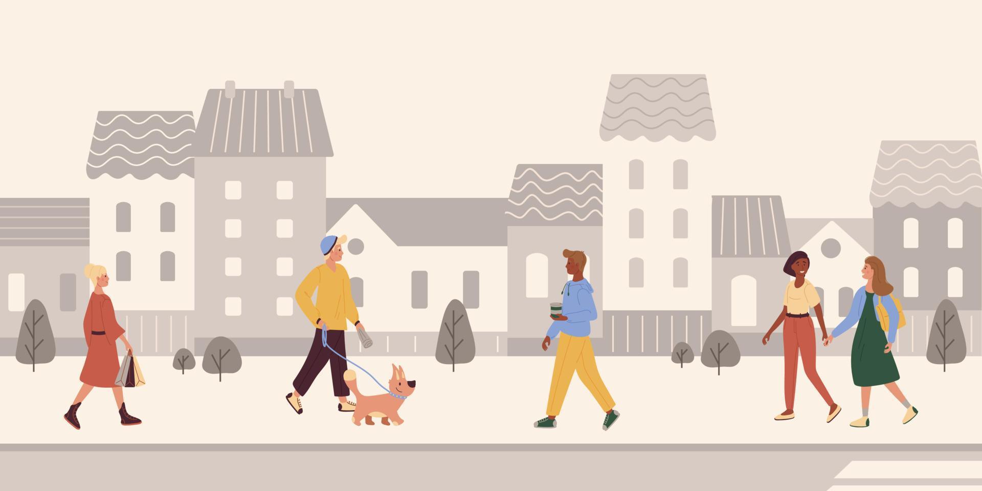 personas de diferentes razas caminan por la calle. gente en el fondo gris de la calle con casas. el hombre pasea al perro. dos chicas se toman de la mano. el hombre está sosteniendo café. vector