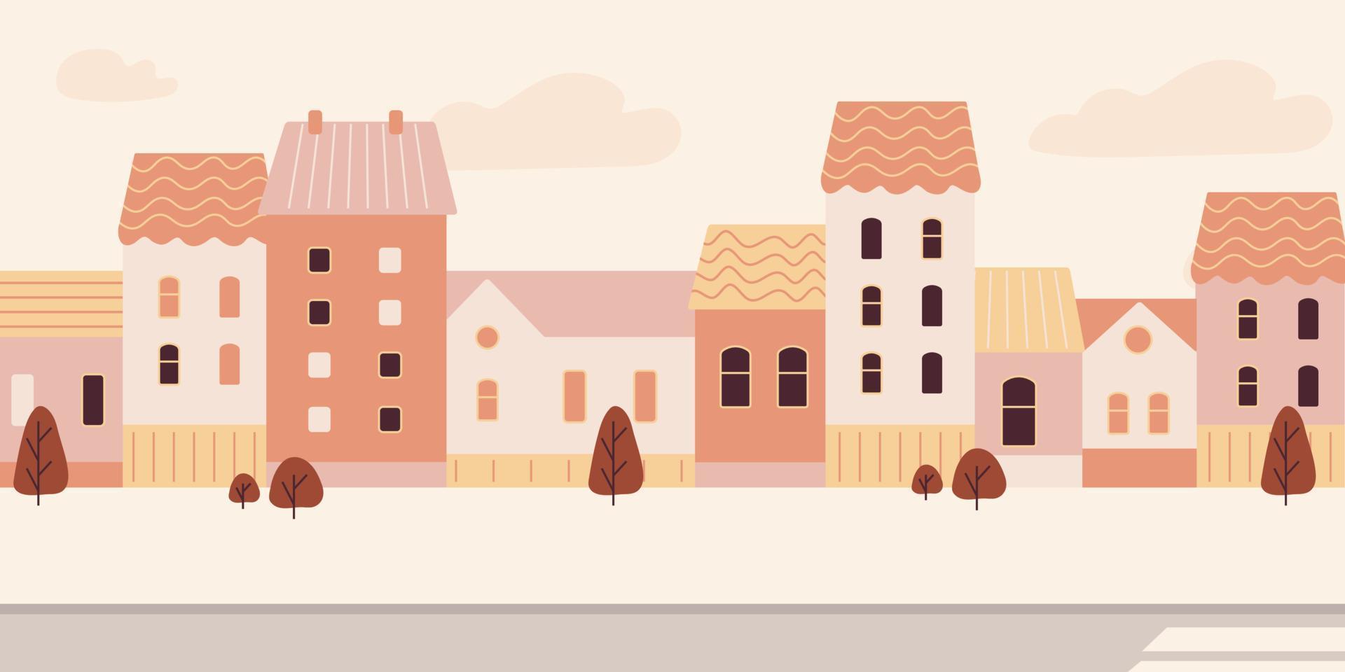 fondo claro, ilustración con un camino vacío, árboles y casas en el fondo. vector