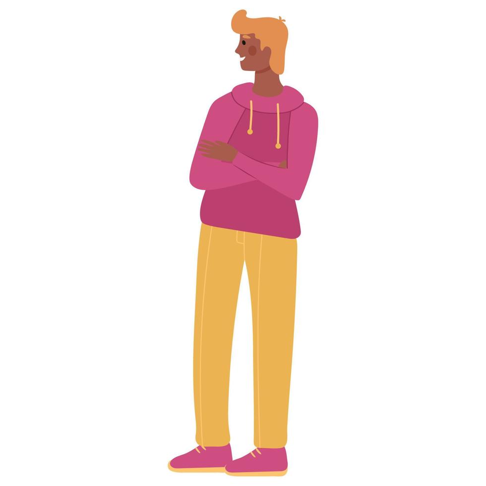 A dark-skinned guy, a man stands in profile with his arms crossed in jeans and a sweater, with blond hair. Vector illustration.