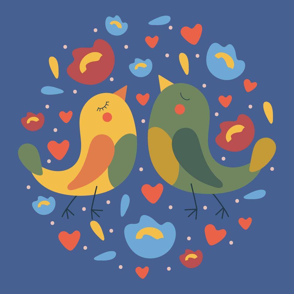 tarjeta cuadrada para el día de san valentín con pájaros verdes, flores y corazones en un círculo. ilustración vectorial sobre un fondo azul. vector