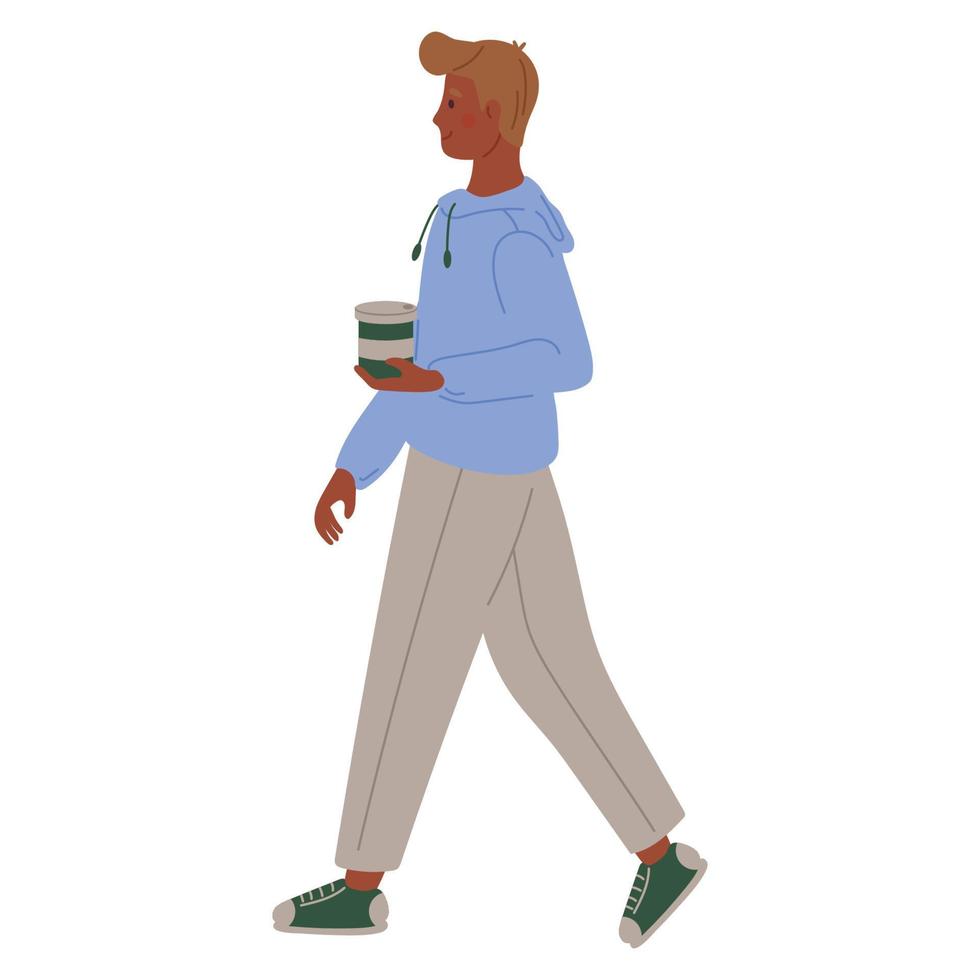 African man in a blue sweater and gray pants, walking with coffee in his hand on a white background. vector