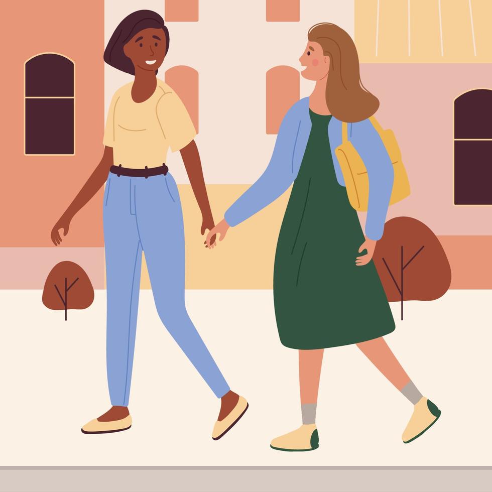 Two girls of different races walk together holding hands. Vector illustration on a city fen with houses.
