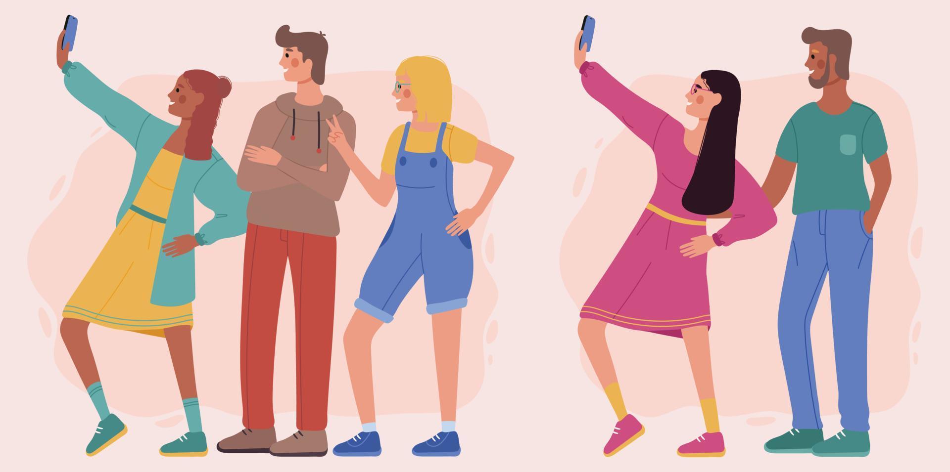 la gente se toma selfies, mujeres y hombres se paran en perfil en diferentes poses y diferentes razas. ilustración vectorial sobre un fondo claro. vector