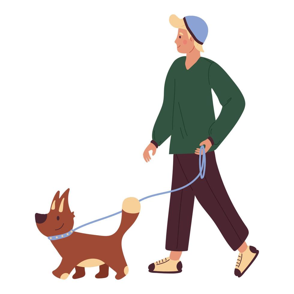 A young guy in a green sweater and dark pants walks with a dog on a leash. Vector illustration isolated on white background.