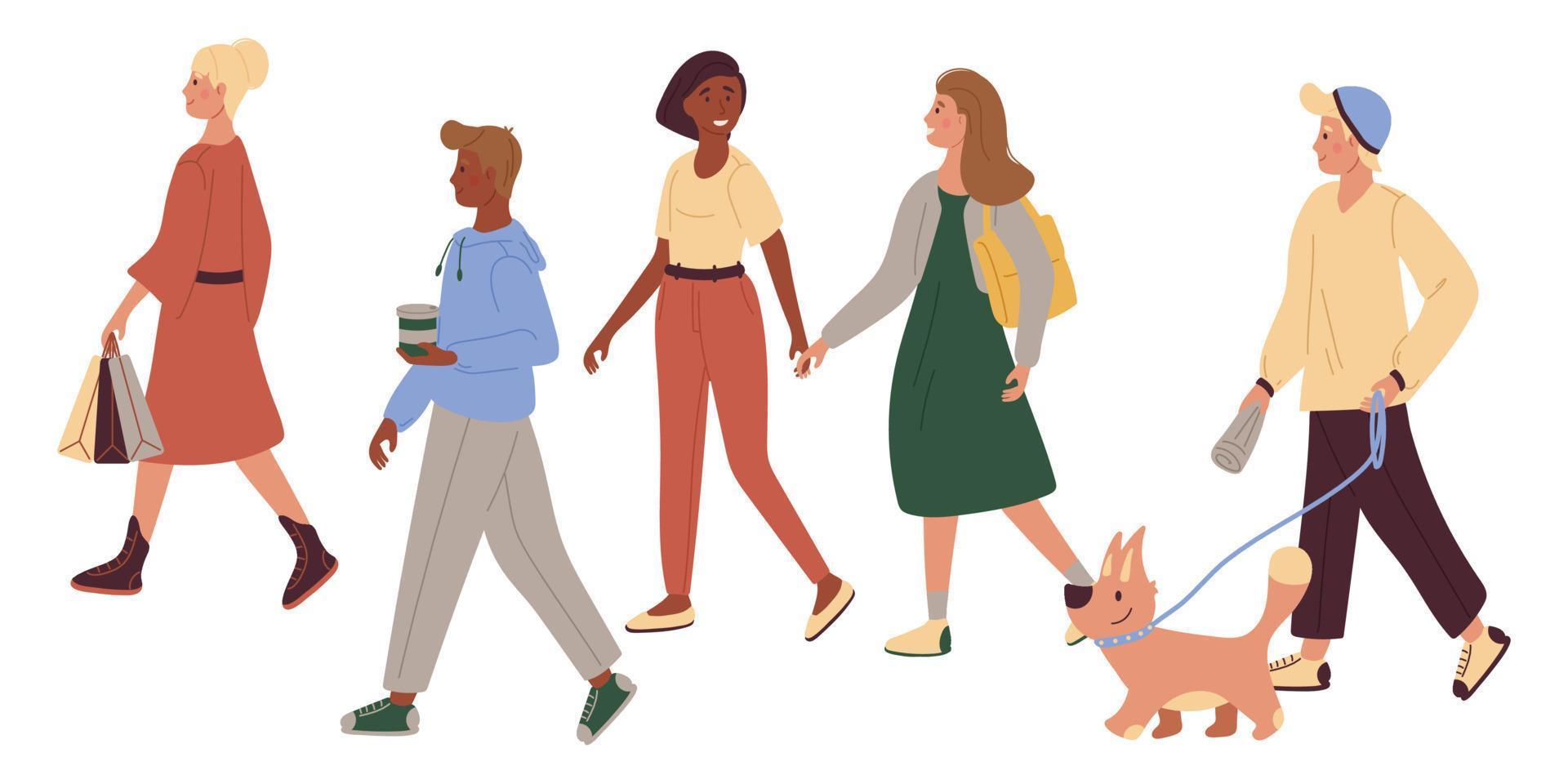 People of different races go, walk. The man walks the dog. Two girls hold hands. The woman is carrying packages. The man is holding coffee. On a white background. vector