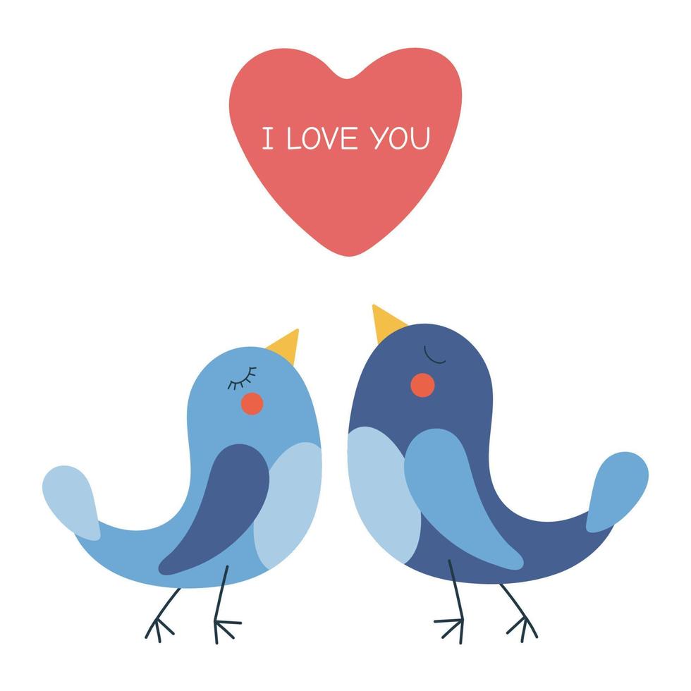 Valentine's day greeting card template with a pair of blue birds and a heart with the text I love you. Vector illustration isolated on white background.