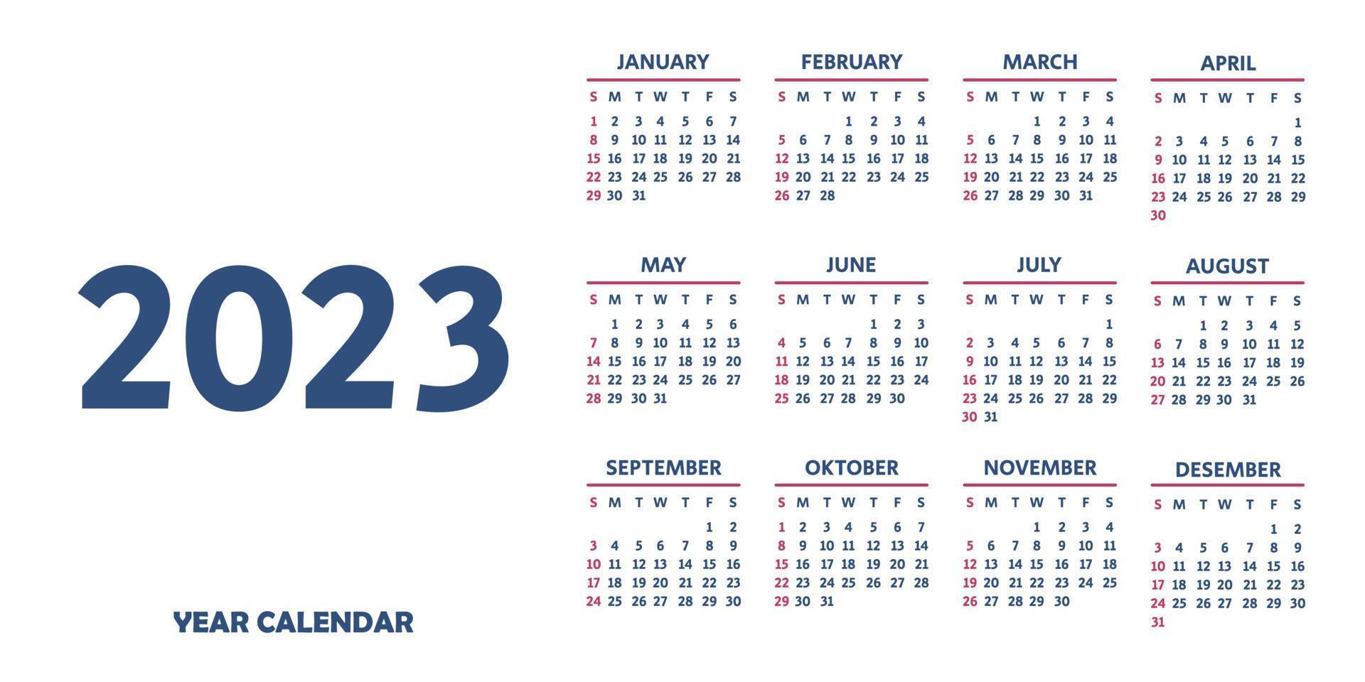 Yearly calendar 2023 template. The week starts on Sunday. Calendar design in blue and colors. Vector. vector