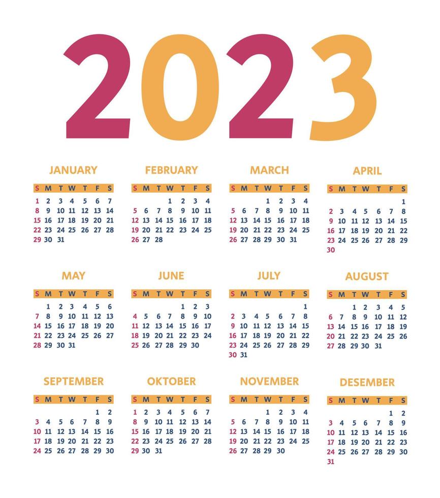 2023 calendar. Yearly calendar 2023 template. The week starts on Sunday. Calendar in blue, red, yellow colors on the white background. Vector