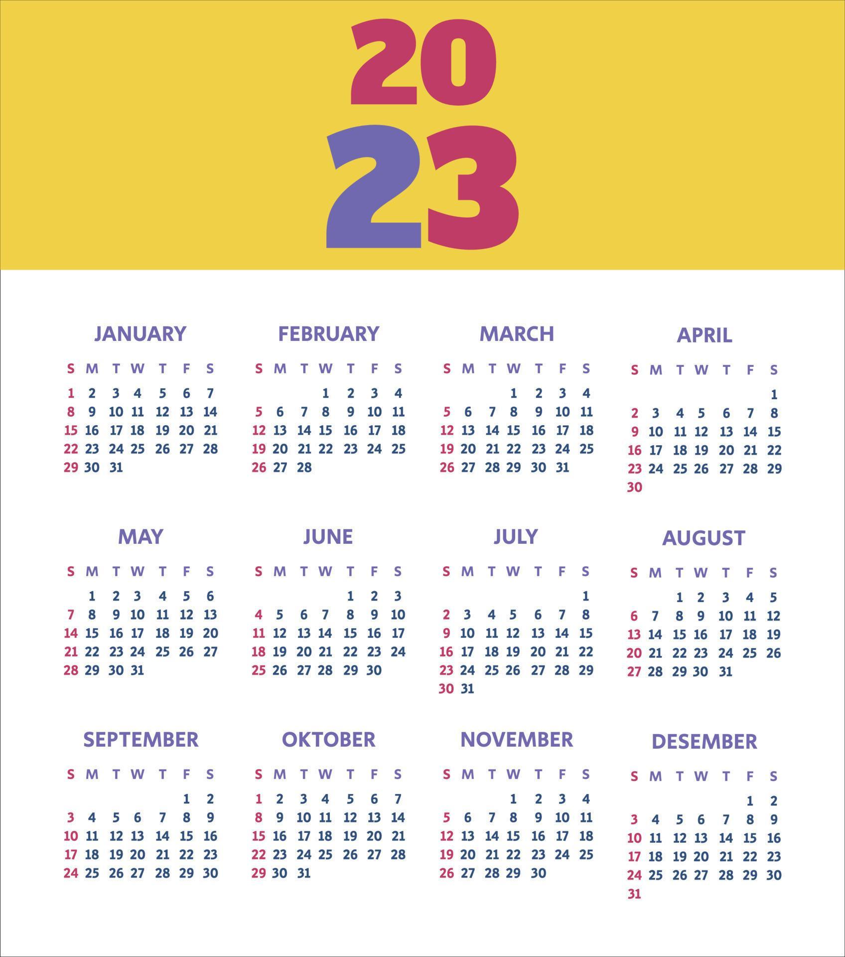 2023 calendar year vector illustration the week starts on sunday 