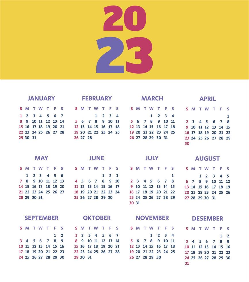 2023 calendar year vector illustration. The week starts on Sunday. Yearly calendar 2023 template. Calendar design in blue, red, yellow colors. Vector