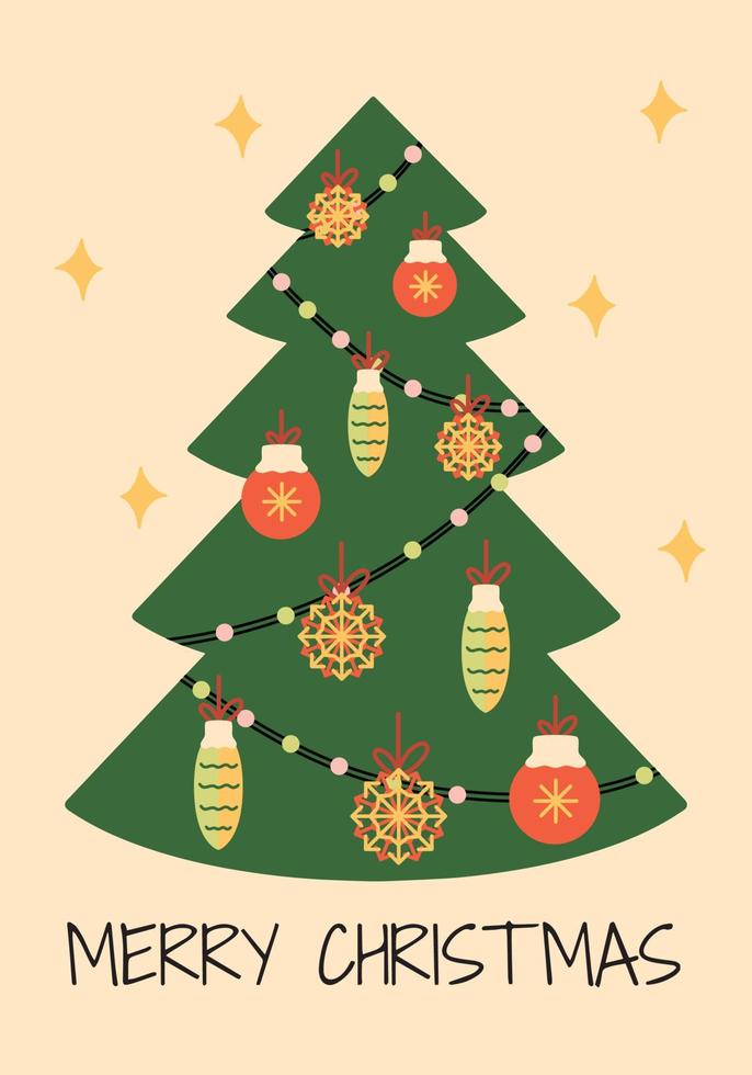 feliz navidad y feliz año nuevo tarjeta con árbol de navidad vector