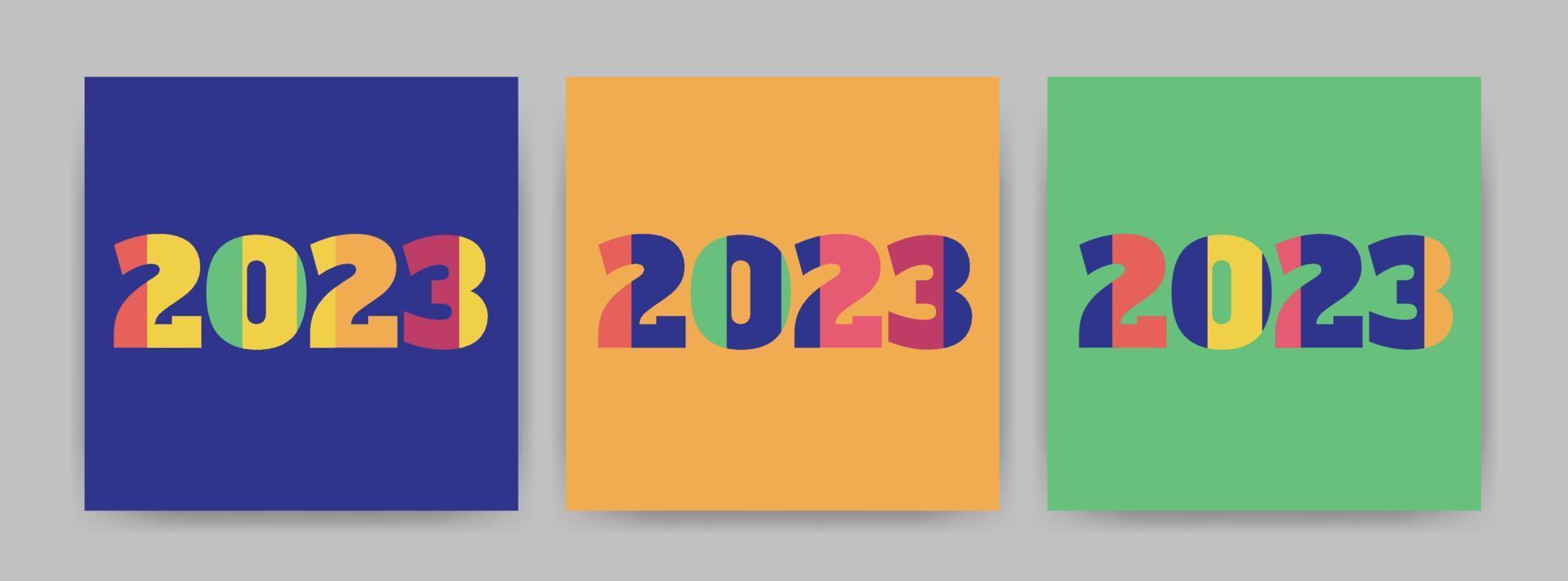 2023 Happy New Year card set. Design templates with typography logo 2023. Minimalistic trendy banner, cover, card, calendar, vector