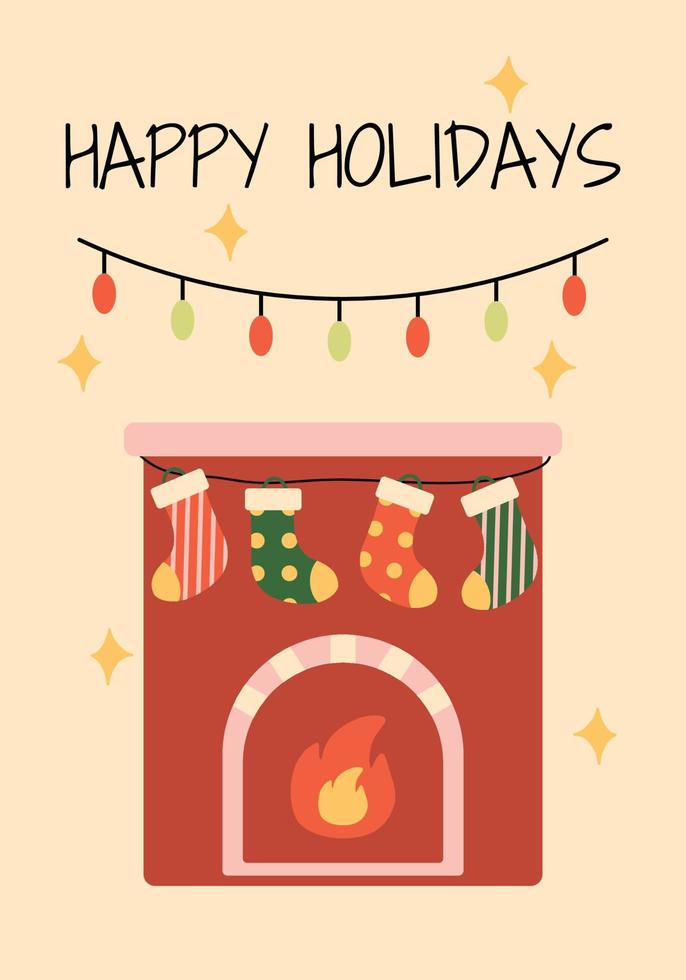 Card Happy Holidays with garland, socks on the fireplace and text vector