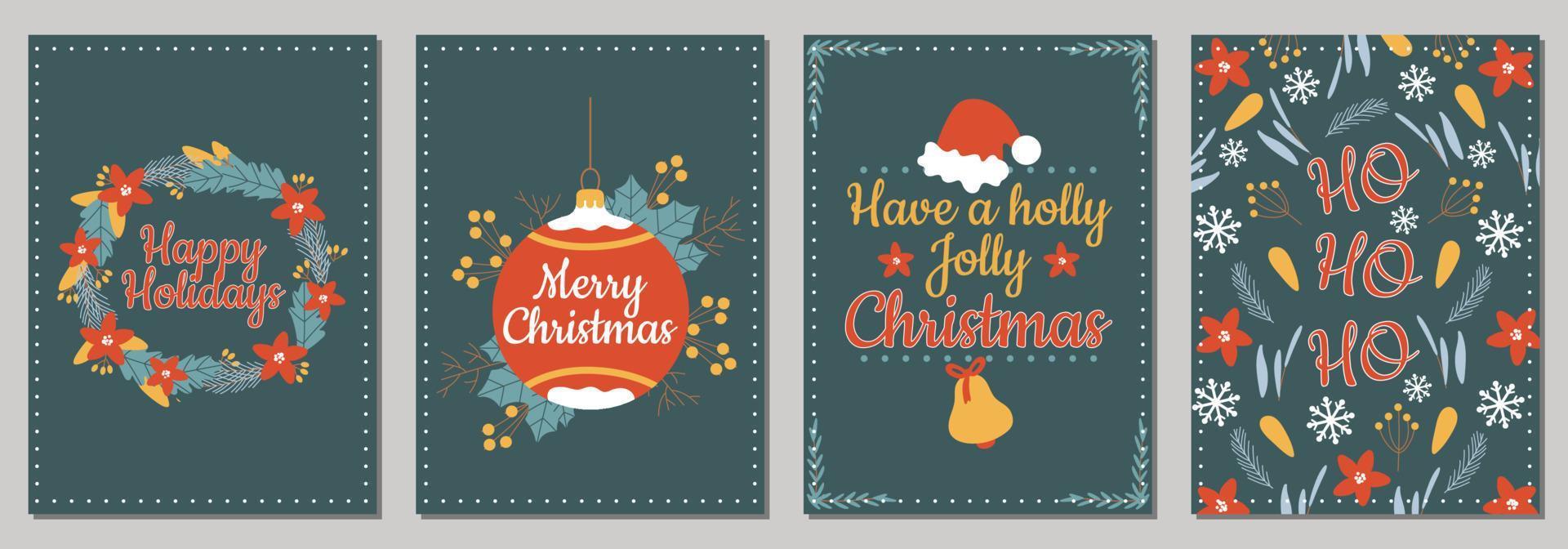 tarjetas navideñas con feliz navidad con adornos navideños y diseño tipográfico. ilustración vectorial felices fiestas y feliz año nuevo vector