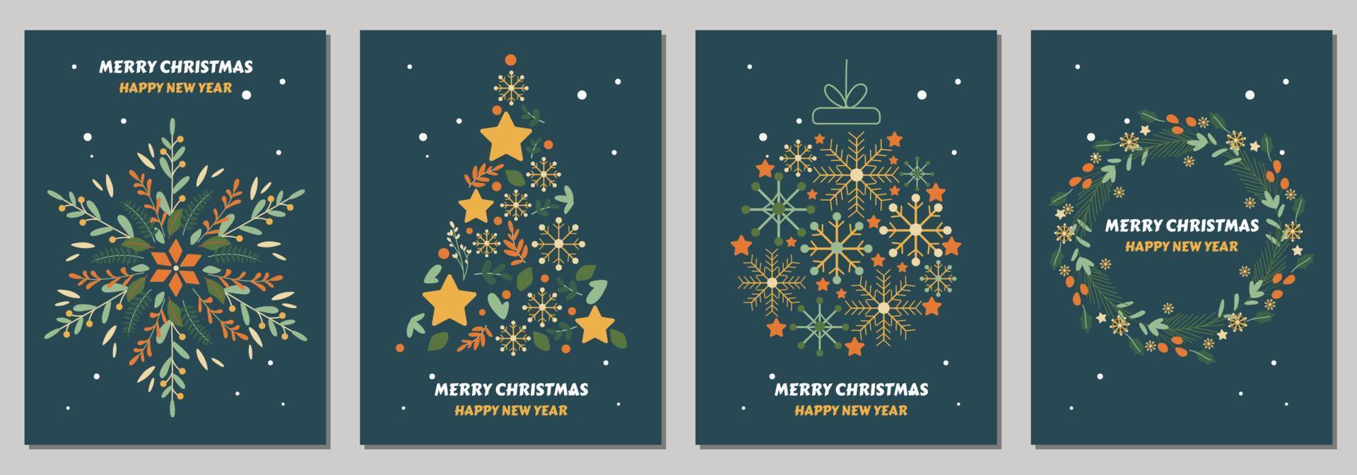 tarjetas navideñas con feliz navidad con adornos navideños y diseño tipográfico. ilustración vectorial felices vacaciones. vector. fondo oscuro vector